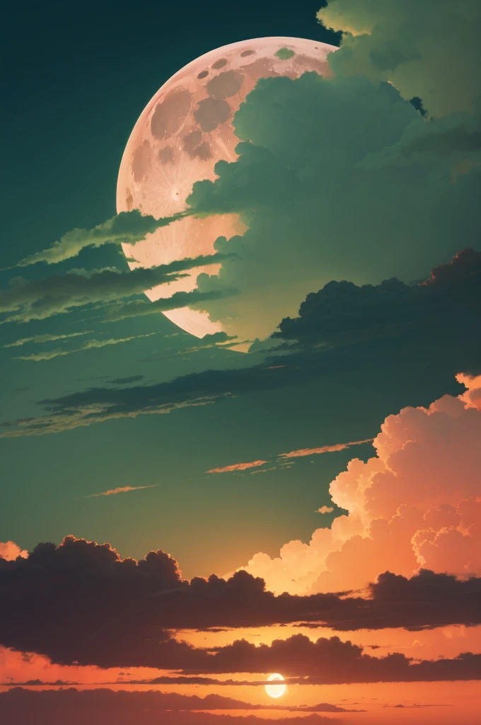 Red sky with moon and dense clouds and on earth a vast green field with anime-style vegetation