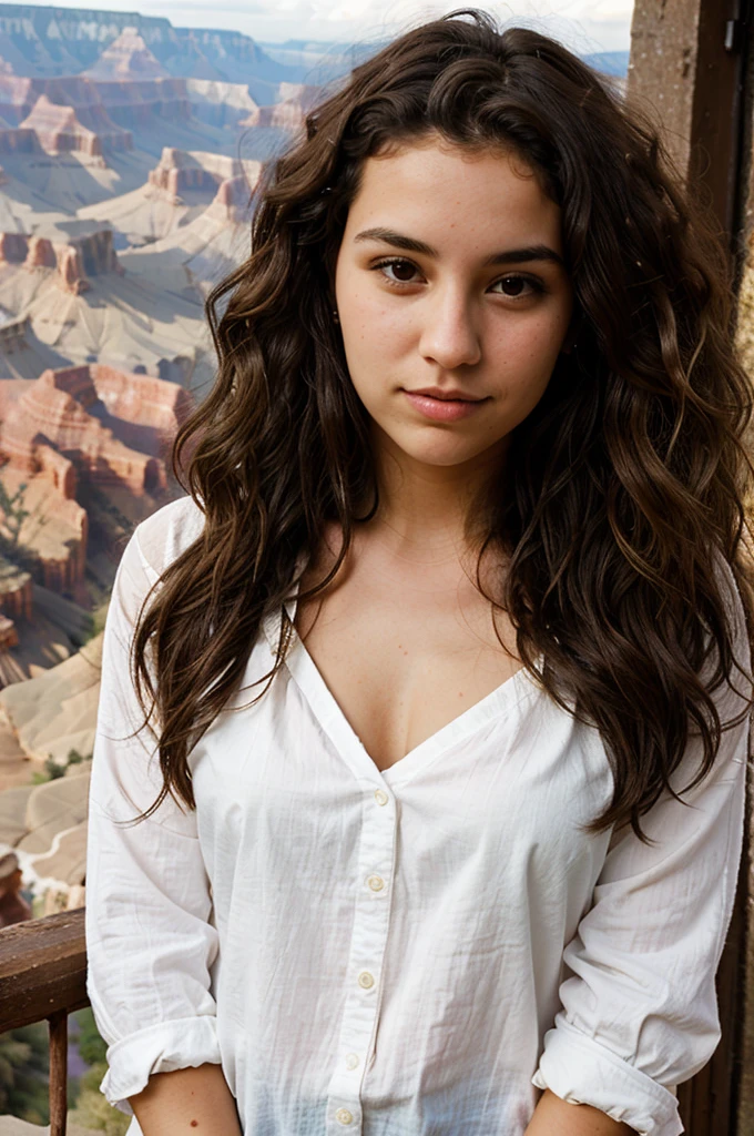 1 woman,22 years old , wavy hair, dark brown eyes, sourriante, au grand canyon