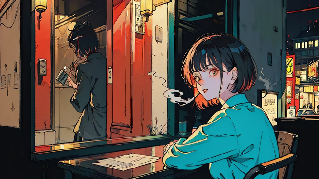 Beautiful Asian redhead sitting in a restaurant at night, Visible from the window, face perfect, oculos de sol, Smoking white Taylormade cigarettes, Neon black, (back-illuminated: 1.1), hard shadows, work of art, highest quallity, complex, model shooting style, vintage, Film grain, incomplete details