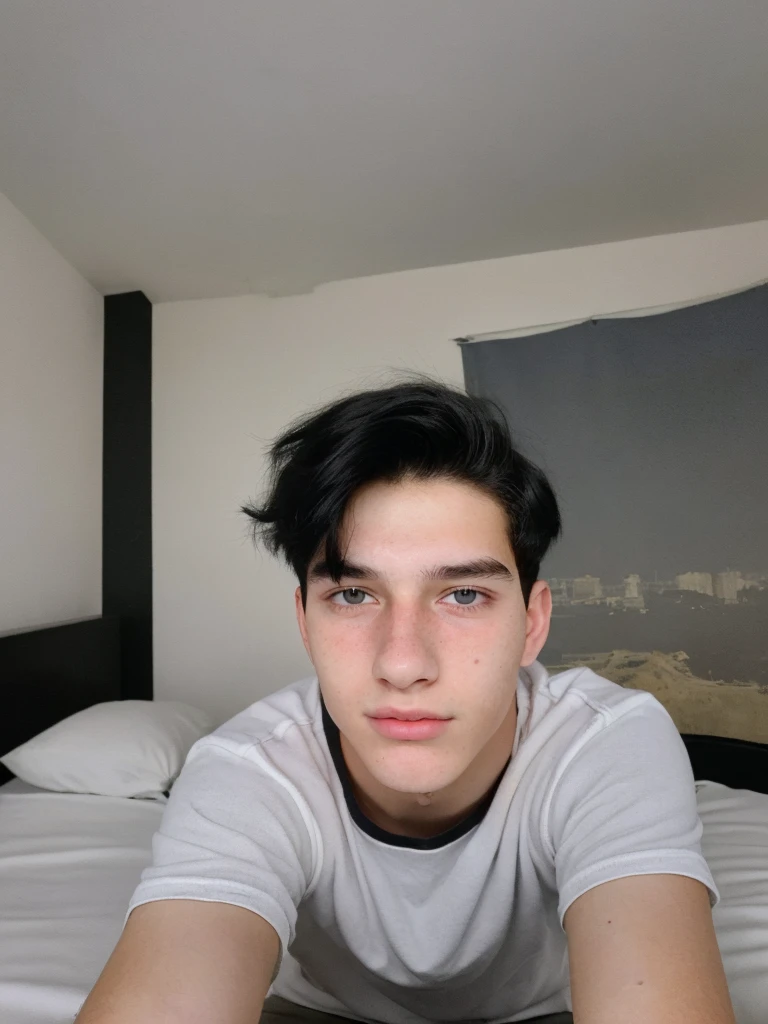 captivating 18-year-old boy with beautiful features, black hair and most realistic possible (taking a selfie on bed)