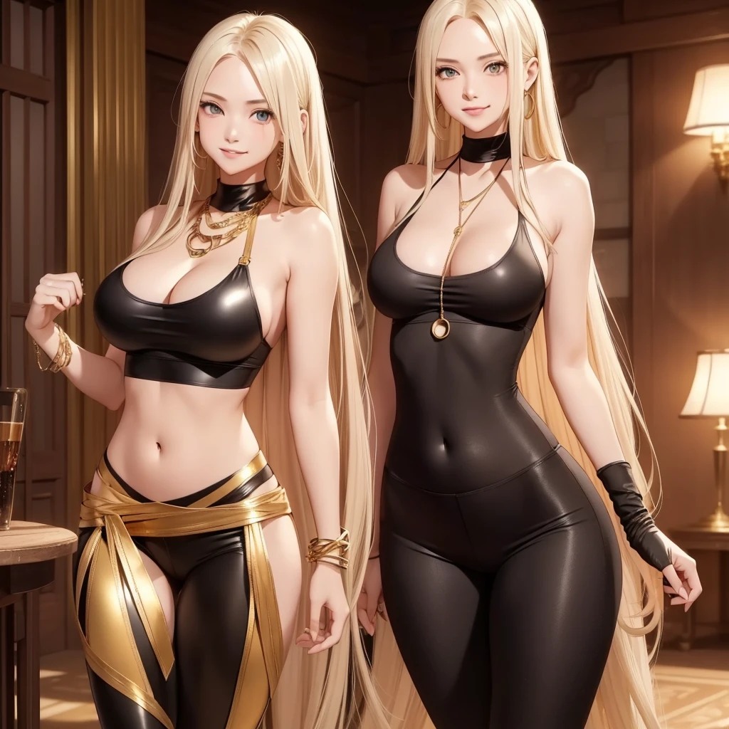 1 girl only, smile, gold necklace with circle pendant ((long blonde hair down to waist, between dates.)), gold Halter Top With Aluminum Chain, ((cleavage is visible.)), medium breasts, thick thighs defined, Butt Lifting Leggings ((black leggings)) low waist, seductive look, sarcastic, shy, blushing, ((light skin))