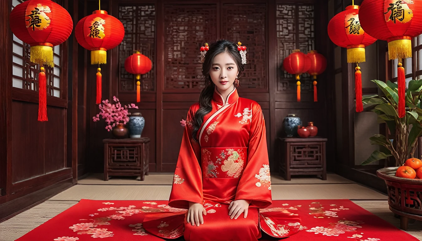 top-quality、One beautiful woman、Glamour、Adult red cheongsam、35mm lens、F / wearing 1。8、looking at viewert。on the beds --auto