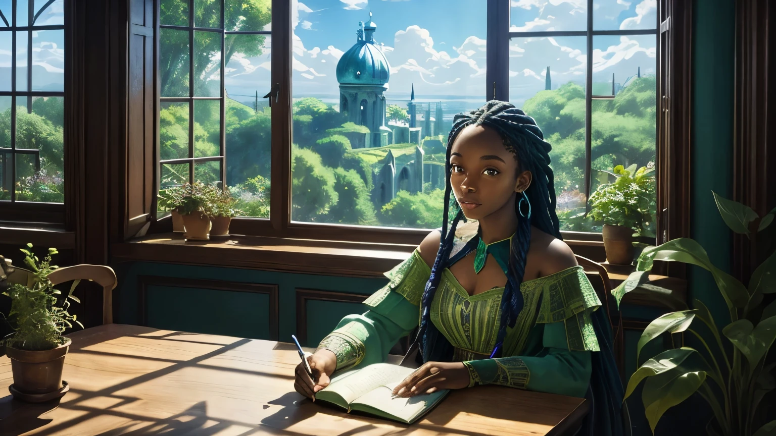 a table, green plants, panoramic window natural view, blue sky very detailed, intricate details, books,  Magical realism style,  black woman, long braided hair,sitting at desk,Relaxation concept art, anime background art, magical atmosphere + masterpiece