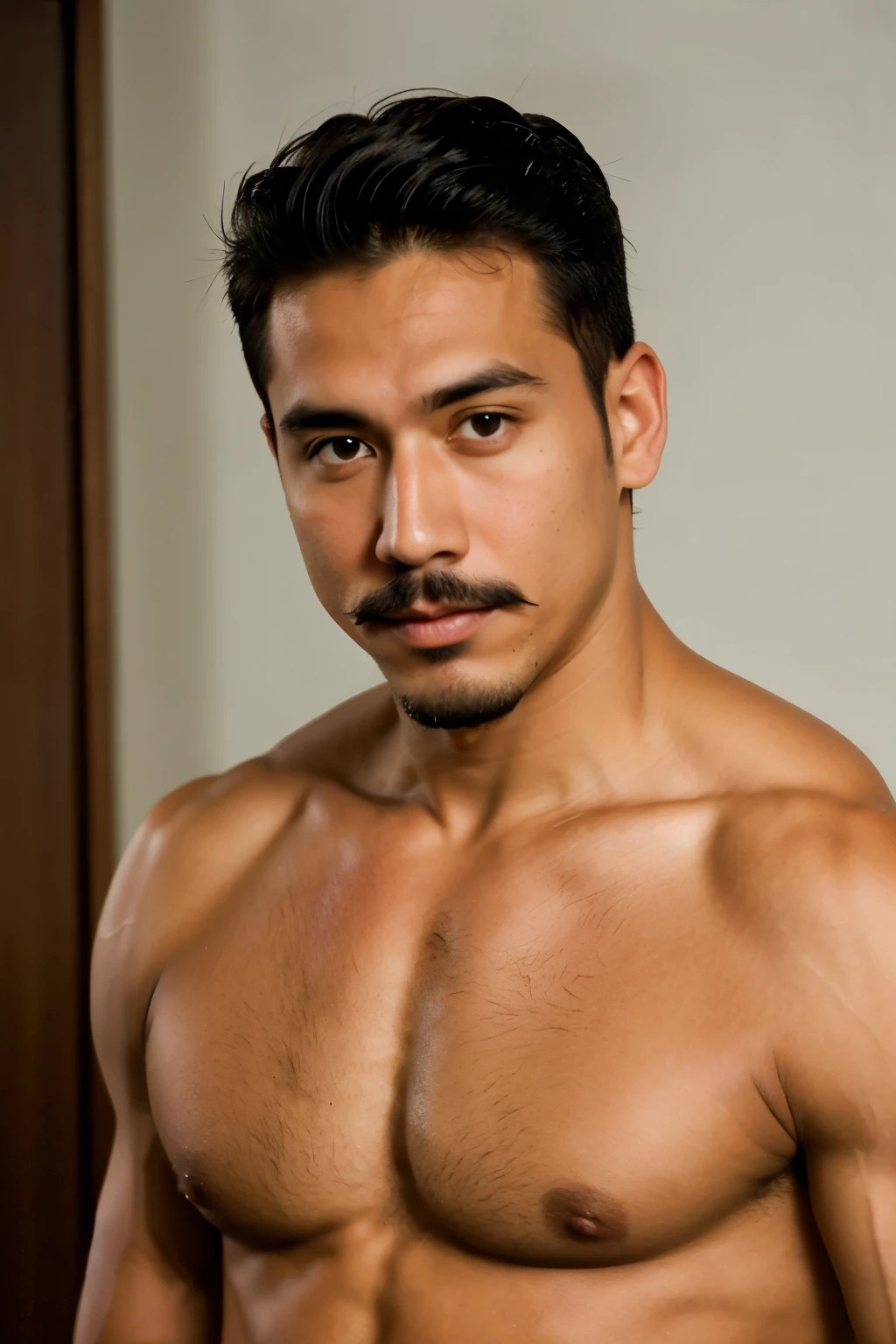 medium height man with a goatee and a short mustache tanned muscular
