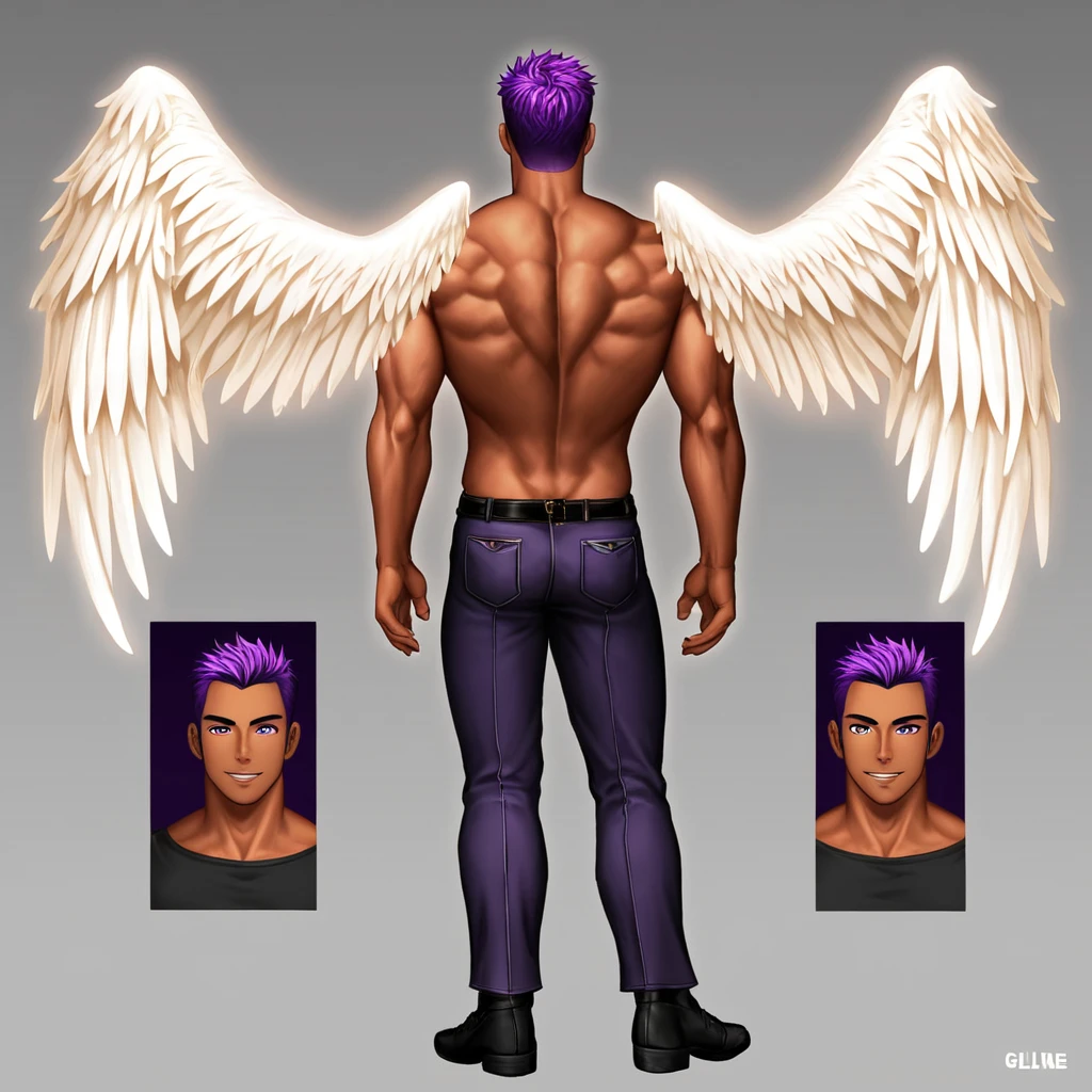 (Masterpiece, best quality), detailed, 1 man, ((character concept art)), ((character design sheet, same character, front, side, back)), full body, body complete, 1 Male, 1 Man, Detailed face, character design sheet,full bodyesbian, Highly detailed, character sheet, character design, Many parts, dark skin, angel wings, long ponytail purple hair, angel outfit, muscle male god, male clothes, masculine, muscle man, male muscle, manly, male angel, Muscle male with purple long ponytail hair,beautiful man