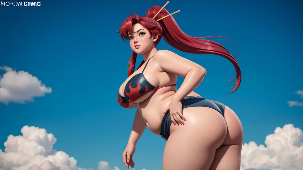 (photorealistic painting art, professional foto, 4K:1.0) Yoko Littner, (face detailed), (standing alone), very wide body, ((beautiful detailed background)), curved, very fat, Broad Hips, huge ass, thick and smooth thighs, very fat flabby arms, realistic lighting, high détail, qualidade hd , face detailed, realistic shading, fat rolls, tamanho huge ass, gigantic huge ass breasts overflowing with fat, decote huge ass, heavy, plus size, everything is fat, soft texture, beautiful big eyes, semi-realistic, dynamic angle, pattern clothes, ssbbw, ver very heavy body, fat belly rolls, bulking, weight gain, mukbang, bbw to ssbbw, bikini and thin leather shorts like her original outfit, FATASS