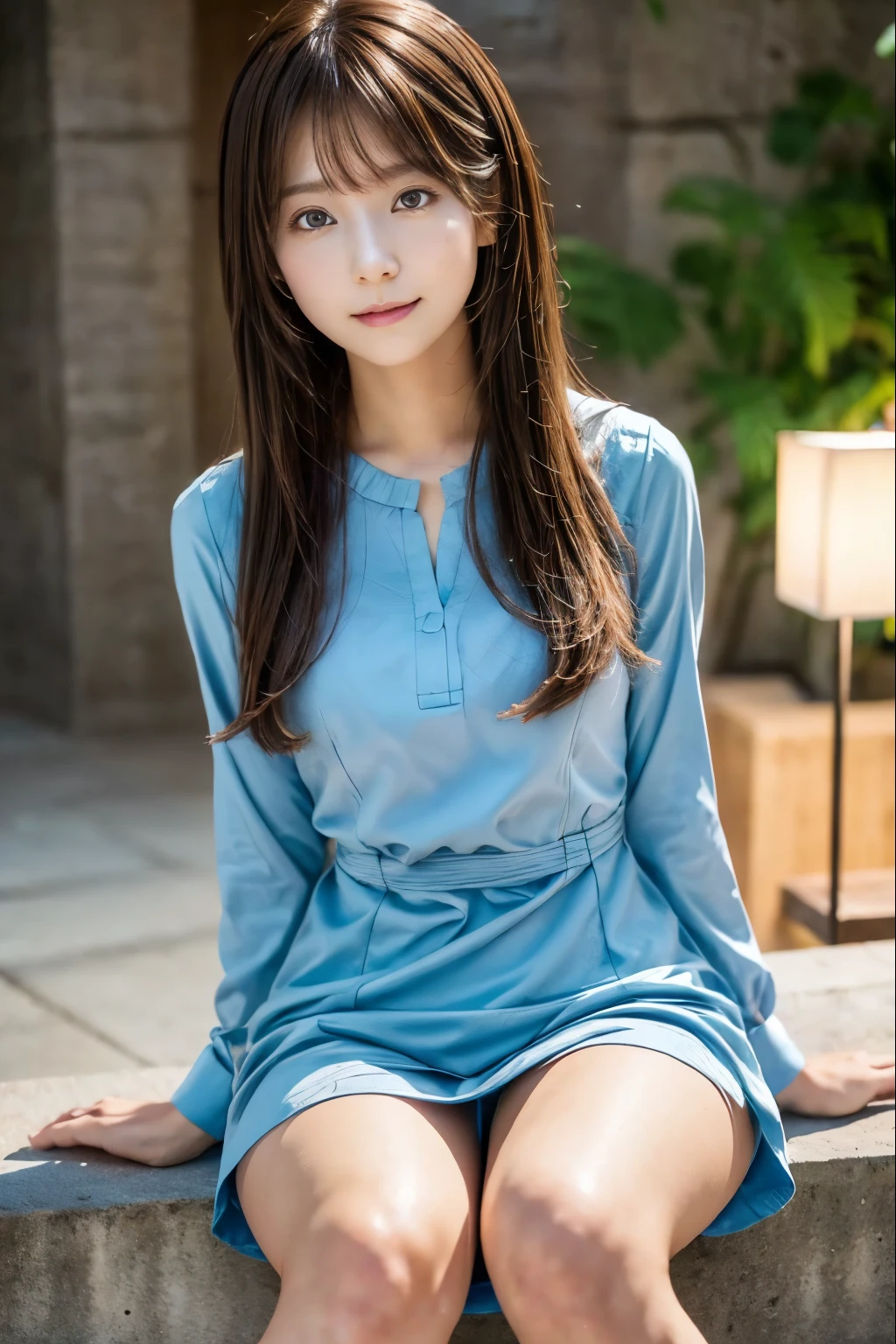 Woman sitting by the lake、Put your hands behind your back、Beauty、Well-formed face、Uniform eyes、20 years old、university student、(((Wearing a long light blue dress)))、Panties are visible between the skirt and legs、Wearing white panties、Wearing pumps、Smiling、Well-balanced proportions、Perfect blue sky、Medium build、Small face、Small Bust、View from below、, light brown hair, crossed bangs, straight hair, floating hair, seductive smile, shiny hair, expressive hair, Surrealism, Verism, cinematic lighting, tachi-e, first-person view, Nikon, UHD, anatomically correct, textured skin, high details, best quality, highres, 8k