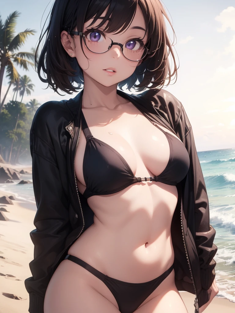 beautiful girl with purple eyes, 1girl, jacket, black bikini, glasses beach, ocean, sunset, seashore, wet sand, waves crashing, palm trees, dramatic lighting, soft glowing skin, (best quality,4k,8k,highres,masterpiece:1.2),ultra-detailed,(realistic,photorealistic,photo-realistic:1.37),cinematic,vibrant colors,dramatic lighting,glowing skin,detailed facial features,long eyelashes,beautiful detailed eyes,beautiful detailed lips,extremely detailed eyes and face