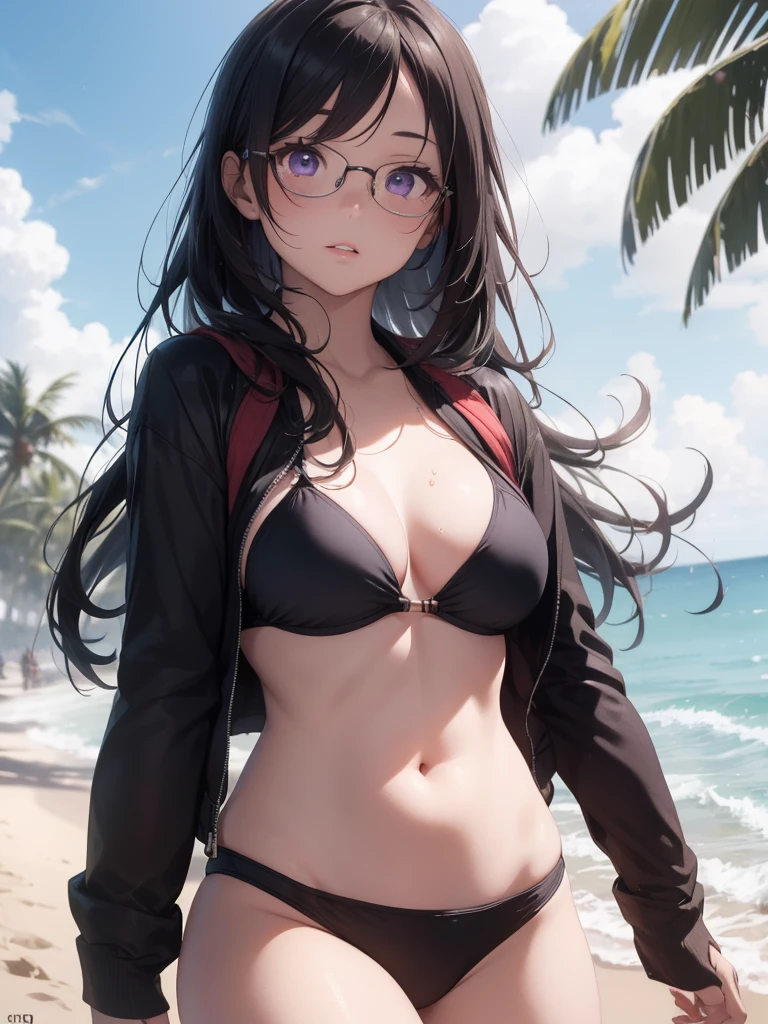 beautiful girl with purple eyes, 1girl, jacket, black bikini, glasses beach, ocean, sunset, seashore, wet sand, waves crashing, palm trees, dramatic lighting, soft glowing skin, (best quality,4k,8k,highres,masterpiece:1.2),ultra-detailed,(realistic,photorealistic,photo-realistic:1.37),cinematic,vibrant colors,dramatic lighting,glowing skin,detailed facial features,long eyelashes,beautiful detailed eyes,beautiful detailed lips,extremely detailed eyes and face