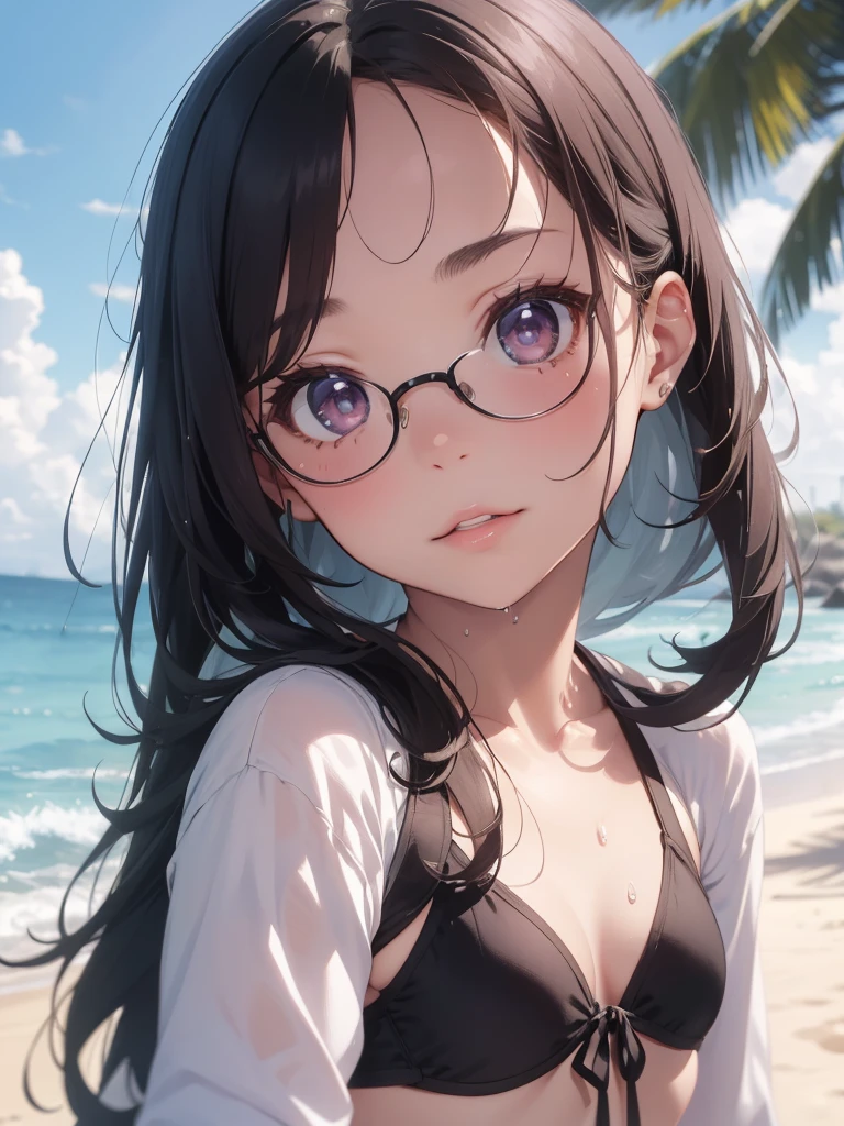 ultra-detailliert, Best Quality, hight resolution, moe-anime, ((A cute girl with black hair and droopy eyes wears round glasses.)), Pretty eyes, Detailed eye depiction, Eye sparkle, Looking at Viewer, pale skin, (((Petite))), (big eye:1.5), a smile, Focus on the face, in beach, On all fours, (super close up of tongue), (((from above))), open mouth, (((face only:1.3))), ((sheer white wedding dress)), nsfw, Nipples are showing through, Bright eyes