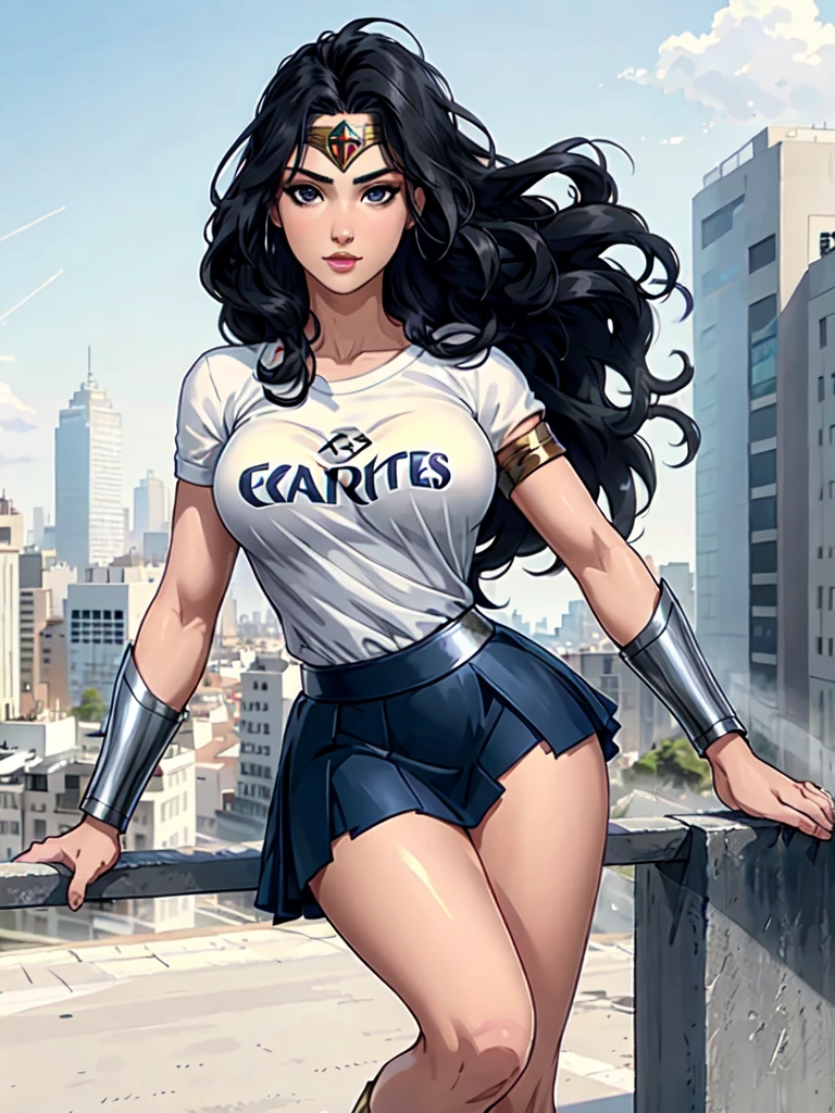 wonder woman, ((wearing a white Real Madrid tshirt)), (pretty face:1.2), (finely detailed face and beautiful eyes), mature female, muscle, bare hands, (armlet, blue armor skirt, bracer, head ring ), (black eyes, black long hair, messy hair, floating hair), ((white Real Madrid tshirt)), (long proportional legs), (best quality:1.1),(city background:1.2), dark_fantasy,, ((masterpiece)), 