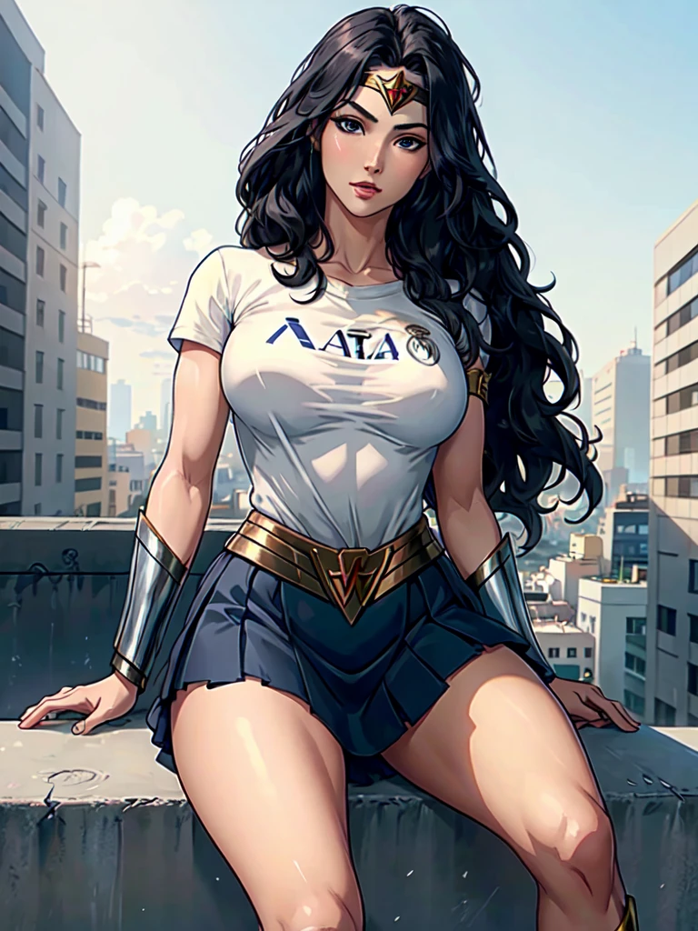 wonder woman, ((wearing a white Real Madrid tshirt)), (pretty face:1.2), (finely detailed face and beautiful eyes), mature female, muscle, bare hands, (armlet, blue armor skirt, bracer, head ring ), (black eyes, black long hair, messy hair, floating hair), ((white Real Madrid tshirt)), (long proportional legs), (best quality:1.1),(city background:1.2), dark_fantasy,, ((masterpiece)), 