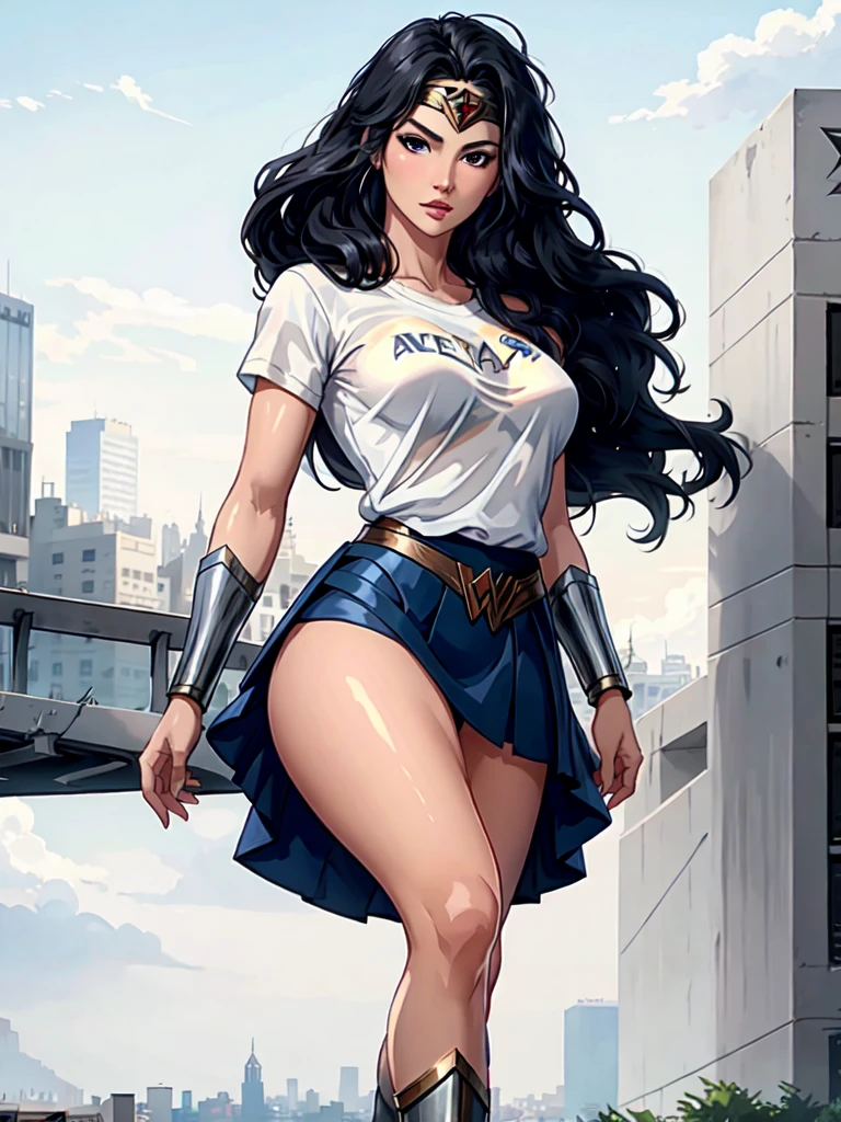 wonder woman, ((wearing a white Real Madrid tshirt)), (pretty face:1.2), (finely detailed face and beautiful eyes), mature female, muscle, bare hands, (armlet, blue armor skirt, bracer, head ring ), (black eyes, black long hair, messy hair, floating hair), ((white Real Madrid tshirt)), (long proportional legs), (best quality:1.1),(city background:1.2), dark_fantasy,, ((masterpiece)), 