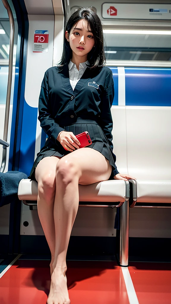 "(Masterpiece, High Definition, Ultra High Definition, 4K) Black hair,  Japan girl, uniform skirt, emphasizing thighs, white thighs, soft thighs, glossy thighs, sitting on the train, face-to-face angle, (angle from below),sitting in the train seat,Sitting in front,Zoom camera in the crotch,Feet on the train floor,Full body,Looking down and sleepy,Looking at the viewer only", best quality, ultra high definition, (photorealistic:1.4),, high resolution, detail, raw photo, sharp re, Nikon D850 film stock photo by Lee Jefferies 4 kodak portra 400 camera f1.6 lens rich colors hyper realistic lively textures dramatic lighting unreal engine artstation trends cinestir 800,Hold iphone 14,Fan bing bing,