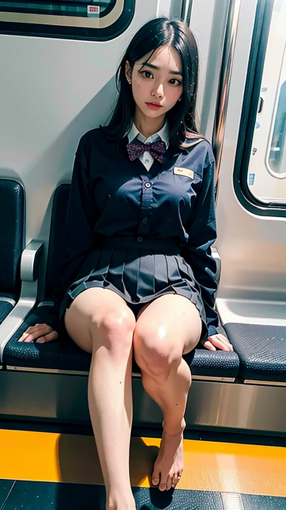 "(Masterpiece, High Definition, Ultra High Definition, 4K) Black hair, 14 years old Japan girl, uniform skirt, emphasizing thighs, white thighs, soft thighs, glossy thighs, sitting on the train, face-to-face angle, (angle from below),sitting in the train seat,Sitting in front,Zoom camera in the crotch,Feet on the train floor,Full body,Looking down and sleepy,Looking at the viewer only", best quality, ultra high definition, (photorealistic:1.4),, high resolution, detail, raw photo, sharp re, Nikon D850 film stock photo by Lee Jefferies 4 kodak portra 400 camera f1.6 lens rich colors hyper realistic lively textures dramatic lighting unreal engine artstation trends cinestir 800,Hold iphone 14,Fan bing bing,