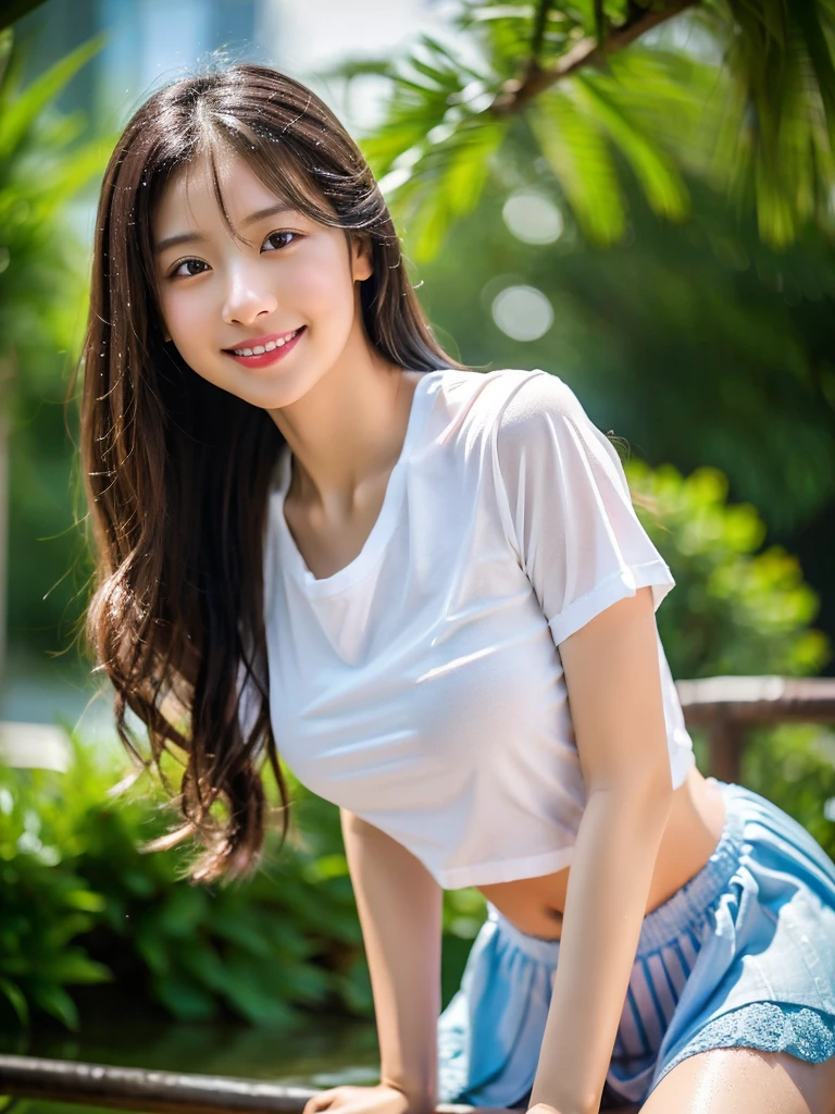 nfsw,(RAW Photography:1.2)、top-quality、a beautiful detailed girl、squatting、extremely detailed eye and face、beatiful detailed eyes、huge filesize、hight resolution、8k wallpaper、finely detail、Raw photography,, Drenched T-shirt and mini skirt in heavy rain, The t-shirt is wet and、Underwear can see through, Shy smile、Wet from rain all over the body、Cross your arms behind your back、Highly detailed uniform 8k wallpaper、Light on the face、Movie Lighting、26-year-old woman、sexy pose、(photorealisim:1.4)、super detailing,ポニーテール,from front