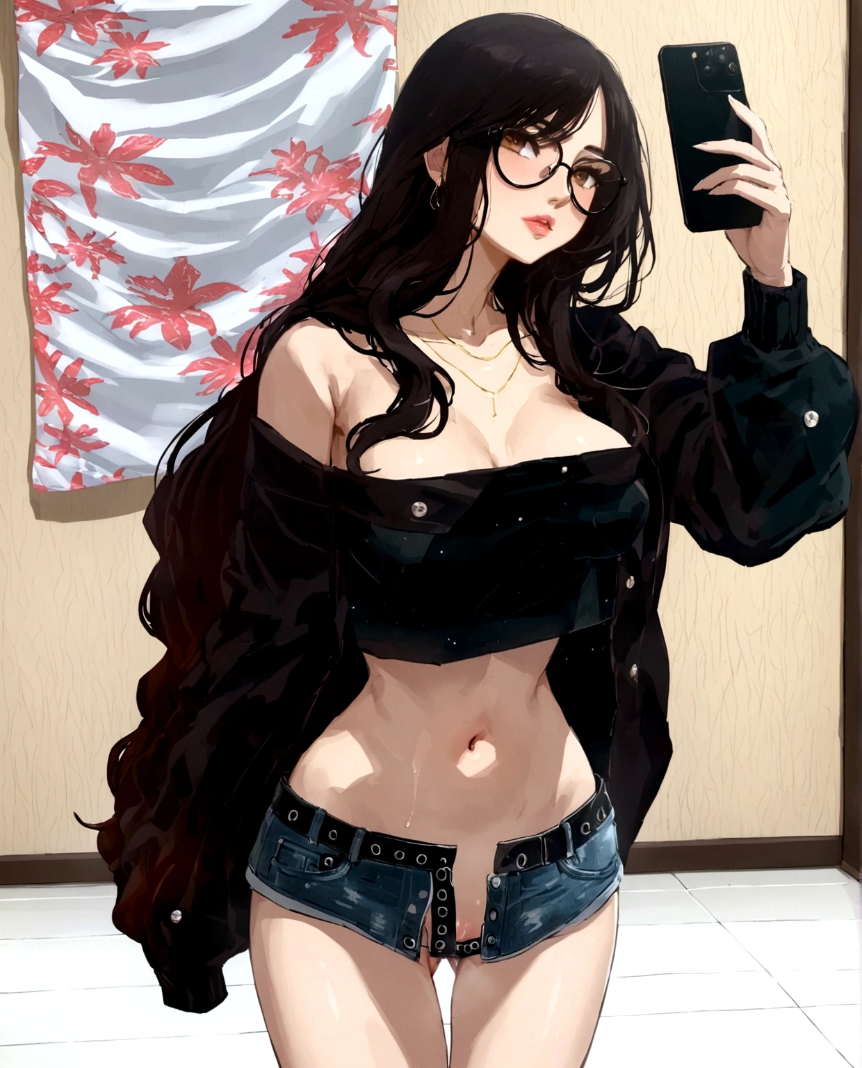 ((nsfw)), ((nude)) A young adult Latina nude woman with long black hair styled in curtain bangs, very beautiful, with medium-sized, pointed breasts, thin legs, a small butt, slightly full lips, and large brown eyes. She also has aviator-style glasses.