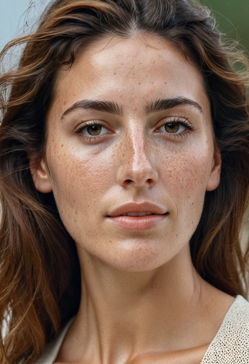 Portrait of Roberta Gemma, italian woman, 30 years old, face highly detailed, natural skin with light freckles, light make-up, hair pulled back .