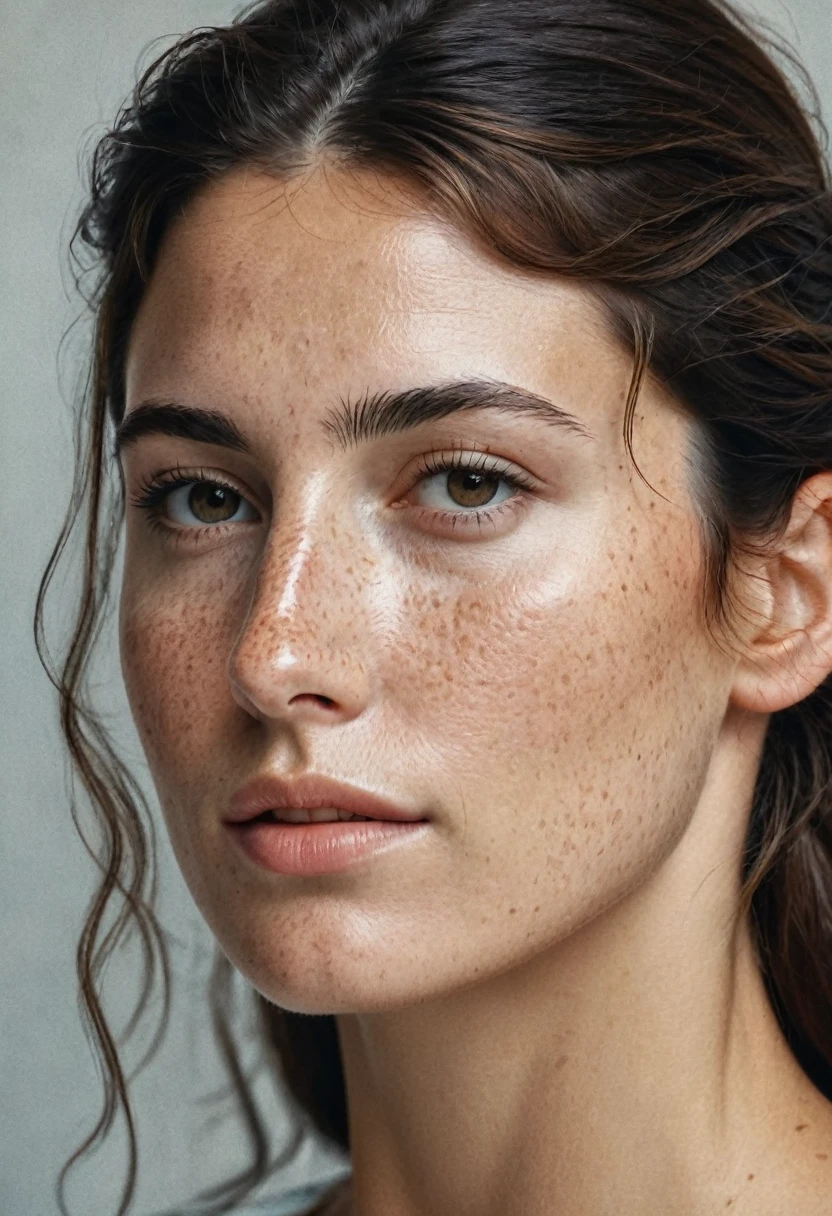 Portrait of Roberta Gemma, italian woman, 30 years old, face highly detailed, natural skin with light freckles, light make-up, hair pulled back . 