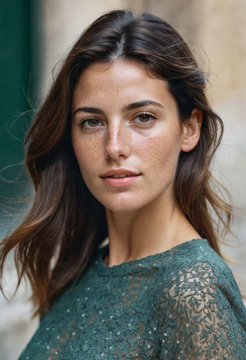 Portrait of Roberta Gemma, italian woman, 30 years old, face highly detailed, natural skin with light freckles, light make-up, hair pulled back . 