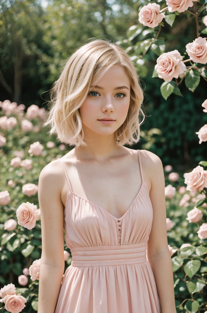 8k, photo and gross, fujifilm, Style photography of a beautiful young girl like Avril in a light pink rose garden. (very detailed skin: 1.2) Style-Petal BREAK short hair, blonde hair with colored highlights, wearing a dress, film grain, 35mm, beautiful style