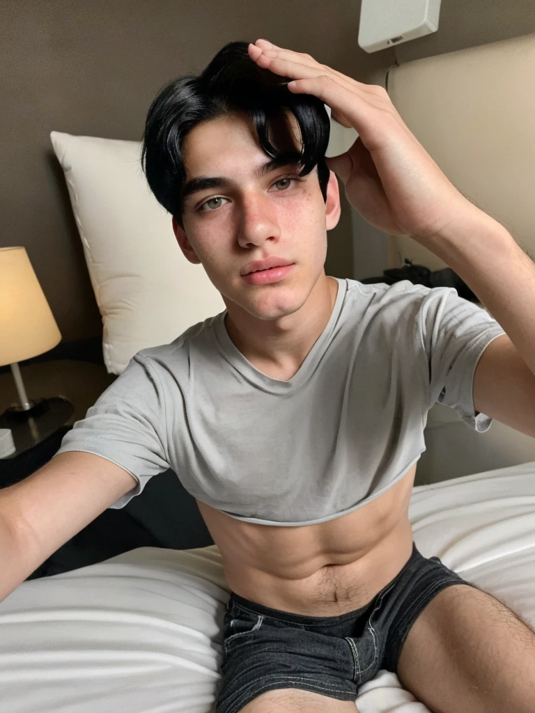 captivating 18-year-old boy with beautiful features, black hair and most realistic possible (taking a selfie on bed)