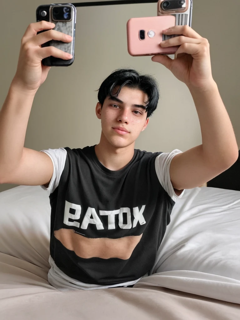 captivating 18-year-old boy with beautiful features, black hair and most realistic possible (taking a selfie on bed)