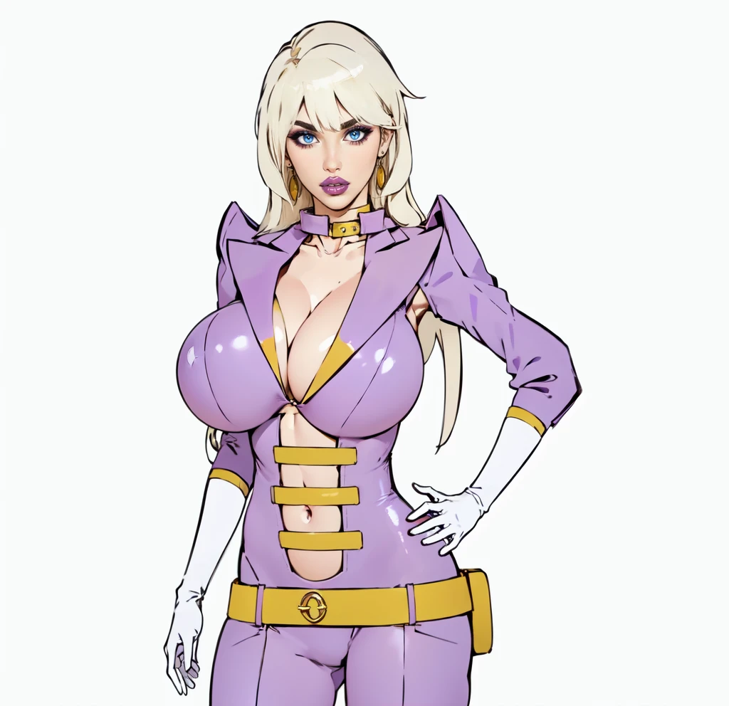 white Blonde curly  long hair, Blue eyes,purple lips, Pink Latex  Blazer Unfiorm, Pink Shoulder poul,bif breast,m Clevage, Godl Belt, White Gloves, gold Chocker, Gold loop Earrings, standing