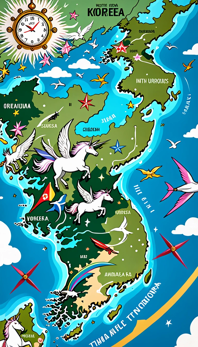 A  world map where North Korea is depicted as a fantastical land with flying unicorns, oversized clocks, and giant scissors cutting hair.
