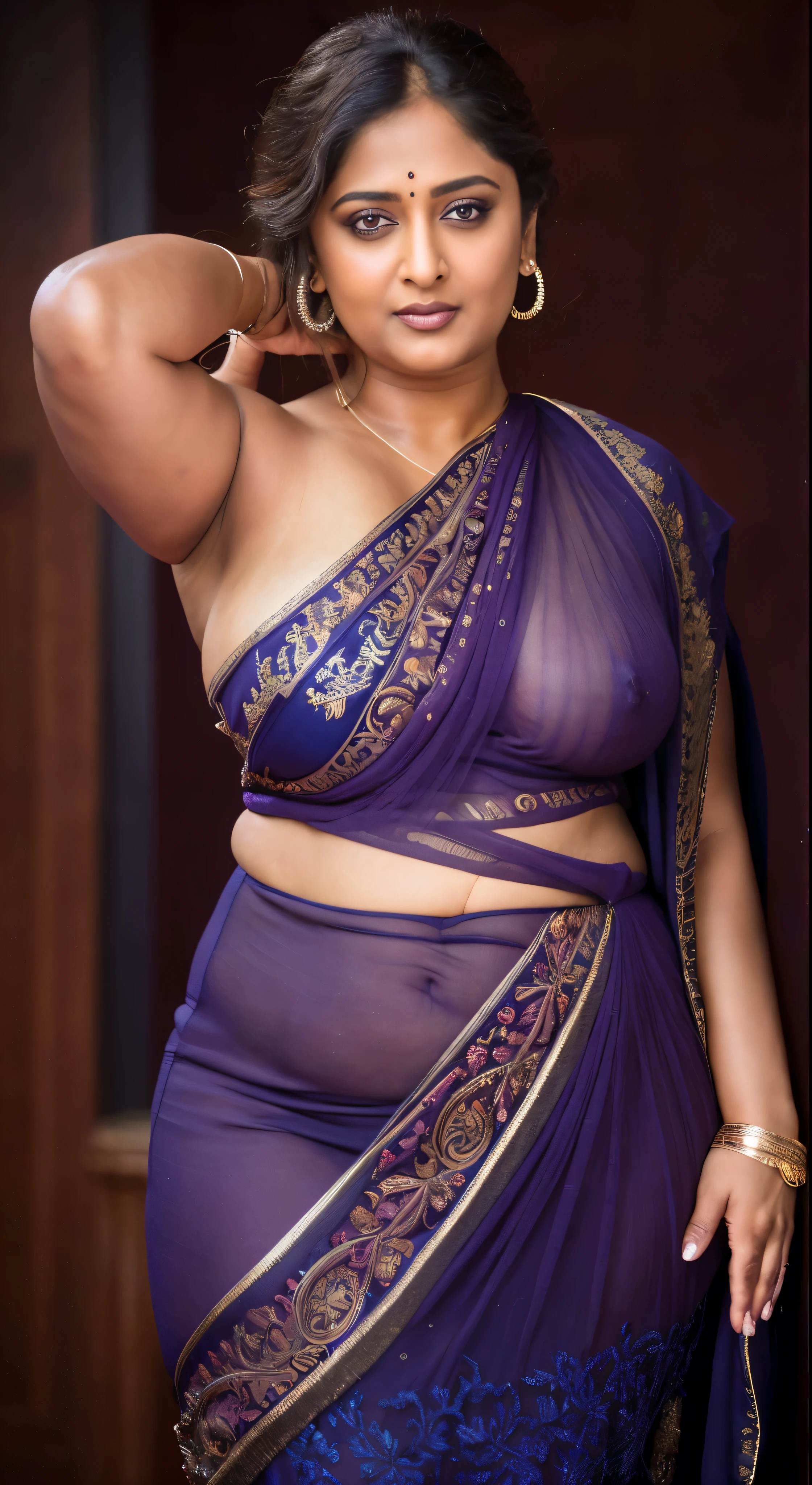 50yo mature MILF Anushka Shetty,((best quality)), ((masterpiece)), ((realistic)), sweat, alluring figure, bulging figure, thick charming lady, curvy, thick navel, full figured woman, sexy navel folds, fleshy figure, eye kajal, massive breast, full body, styled hair, pierced eyes, female face,royal aura, trend on artstation , sharp focus, studio photo, intricate detail, very detailed, detailed eye, illustration, very detailed, sharp focus, digital render, professional, 4k