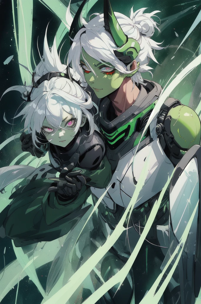 Character details, Kizi, alien, (White hair), hot, dark shaped eyes, full body illustrated image, greenskin, fanart, 2d, futuristic clothes. alien antennas, face perfect, great quality.