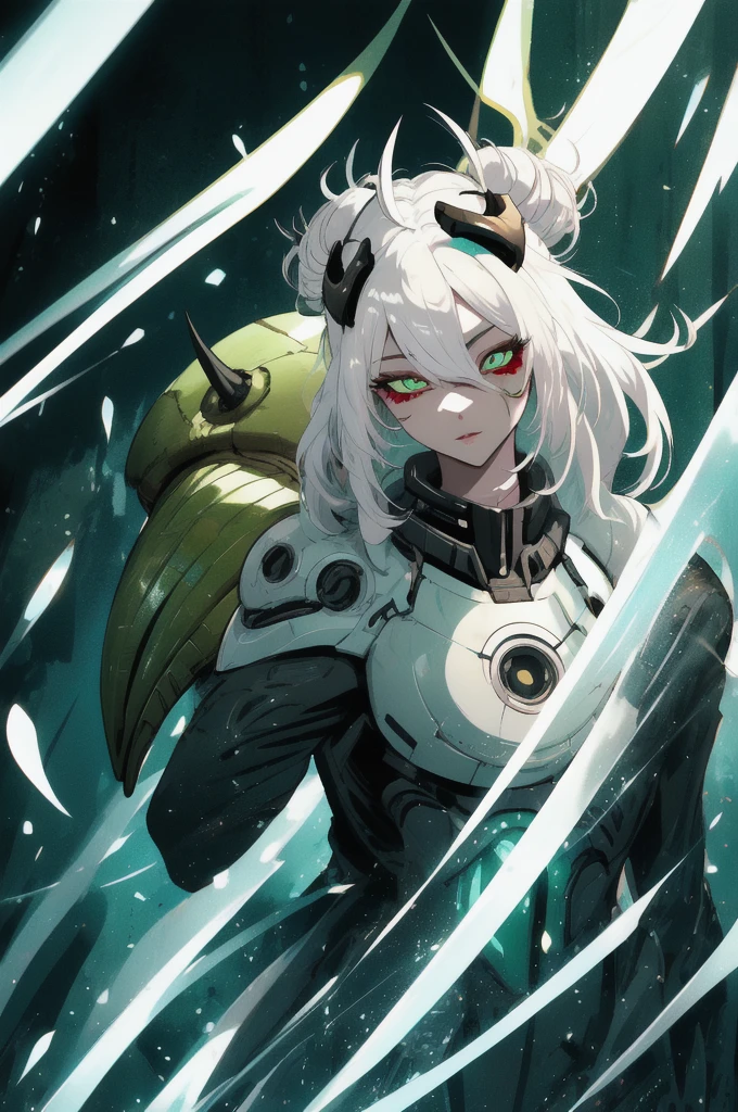 Character details, Kizi, alien, (White hair), hot, dark shaped eyes, full body illustrated image, greenskin, fanart, 2d, futuristic clothes. alien antennas, face perfect, great quality.