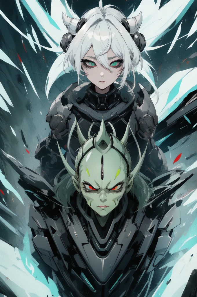 Character details, Kizi, alien, (White hair), hot, dark shaped eyes, full body illustrated image, greenskin, fanart, 2d, futuristic clothes. alien antennas, face perfect, great quality.