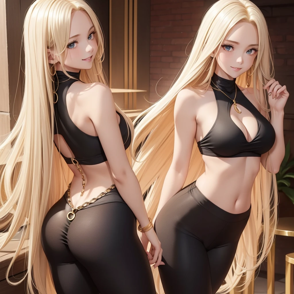 1 girl only, smile, gold necklace with circle pendant ((long blonde hair mid-back, between dates.)), gold Halter Top With Aluminum Chain, ((cleavage is visible.)), medium breasts, thick thighs defined, Butt Lifting Leggings ((black leggings)) low waist, seductive look, sarcastic, shy, blushing, ((light skin))