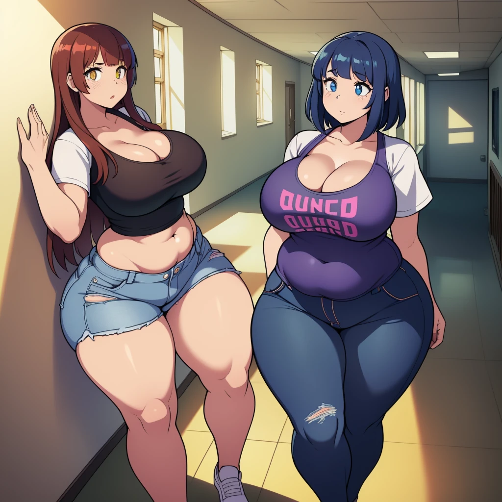 (((kipteitei art))), ((masterpiece)), (((best quality))), ((ultra-detailed)), (((illustration))), detailed face, detailed body, ((2girls)), ((Line art)), (in the style of cell shaded), (vivid colors), skindentation, (((fluffy hair))), looking at viewer, surprised, shocked, worried, tee shirt, blue jeans, skirt, (undersized clothes), ((tight clothes)), ((school hallway)), medium breasts, cleavage, perky breasts, (pudgy), belly hang, tummy bulge, soft body, gaining weight, (((wide hips))), ((((thick thighs)))), 2 girls standing next to each other,