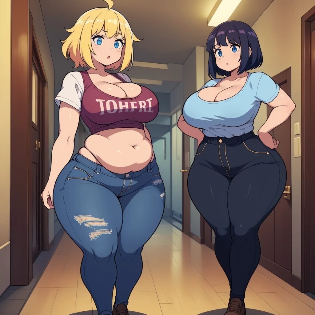 (((kipteitei art))), ((masterpiece)), (((best quality))), ((ultra-detailed)), (((illustration))), detailed face, detailed body, ((2girls)), ((Line art)), (in the style of cell shaded), (vivid colors), skindentation, (((fluffy hair))), looking at viewer, surprised, shocked, worried, tee shirt, blue jeans, skirt, (undersized clothes), ((tight clothes)), ((school hallway)), medium breasts, cleavage, perky breasts, (pudgy), belly hang, tummy bulge, soft body, gaining weight, (((wide hips))), ((((thick thighs)))), 2 girls standing next to each other,