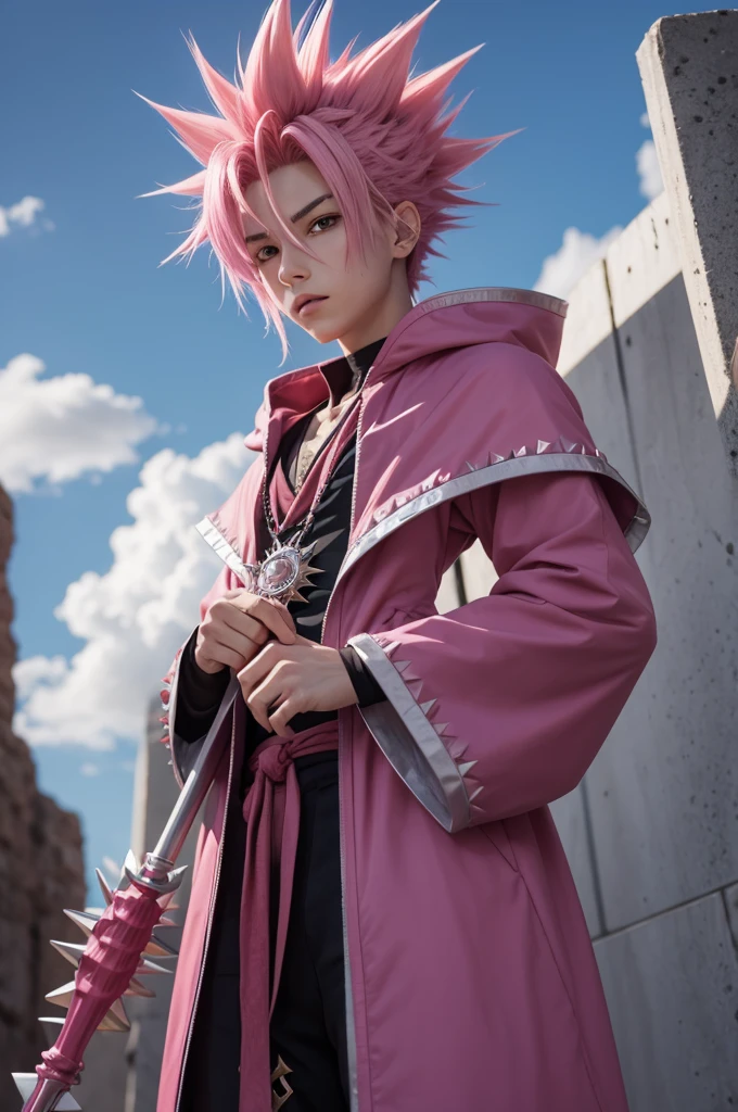 A spiky, pink-haired anime wizard