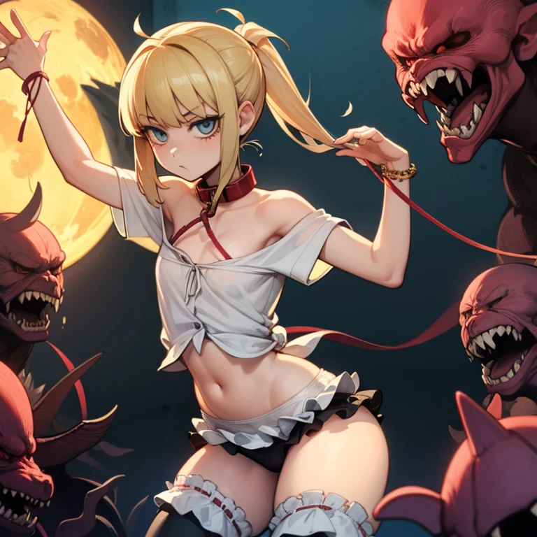 Fantasy, night, Dystopia, One Girl, young , Black gymnastics bloomers, High leg、School Shirt,whole body、Light blonde hair, Aquamarine Eyes, chest, bracelet, hair ornaments, ((Shoulder-length hair, ponytail, bangs))、(Black gymnastics bloomers)+(White blouse with collar)、Cowboy Shot、solo、Umbilical cord、Bare Belly, Thigh height、1 girl and 1 monster, Standing amongst a horde of evil monsters, The monster hugs the girl from behind, The girl's clothes were torn, Browsing Caution, The girl is scared, Cinema Lighting, indirect lighting, fog, Depth of written boundary, Movie Scenes