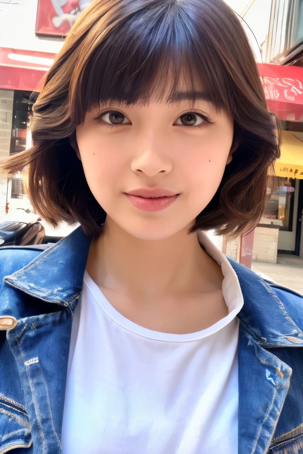 (8k, RAW photos, top quality, masterpiece: 1.2), ultra detailed, super resolution, (real, real photos: 1.37), portraits, high definition RAW color photos, professional photos, very detailed and beautiful, highly detailed, 8k wallpapers, amazing details, huge file size, official art, highly detailed CG Unity 8k wallpapers, highly detailed beautiful girls, highly detailed facesHighly detailed eyes, highly detailed skin, highly detailed fingers, Highly detailed nose, Highly detailed detailed mouth, Perfect anatomy, Highly detailed background, Highly detailed clothing, One Girl, (18:1.2), teen, cute girl, famous Japan idol, cute, realistic body, , white skin, radiant skin, slim body, handsome body, brown hair, short constricted curly hair, (blunt bangs:1.2), Smile, Cute, Youthful, Pretty Face, Realistic Face, Delicate Eyes, Saggy Eyes, White T-Shirt, Skirt, Earrings, Camera Gaze, Cowboy Shot, Front Face, Standing Figure, Contrappost, High Street, Public, Dynamic Lighting,