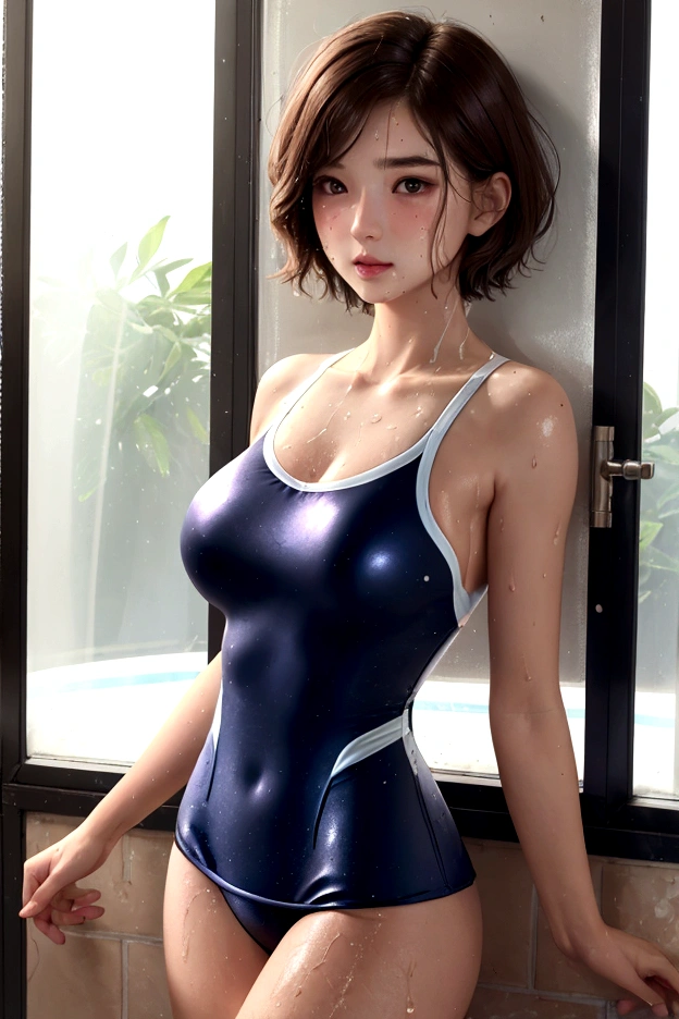 masterpiece, Highest quality, Absurd, 8K,
Super detailed, Best illustrations, Ultra-high resolution, Depth of written boundary, Photorealism: 1.4, RAW Photos: 1.2,
Detailed Hair, Realistic Hair, Realistic lighting, Realistic Shadows,
Realistic Skin, Natural skin texture, Pale skin: 1.2, Fair skin: 1.1, Transparency,
(Chest pressed against the glass), One girl, Large Breasts,
((School Swimsuit:1.5)) ,Brown Hair,Wet Hair,
((Sweat:1.3)), (vapor:1.2), (blush),
((Short Hair)), Bathroom,
Perfect female figure, Highly detailed face and eyes, Very fine hair,