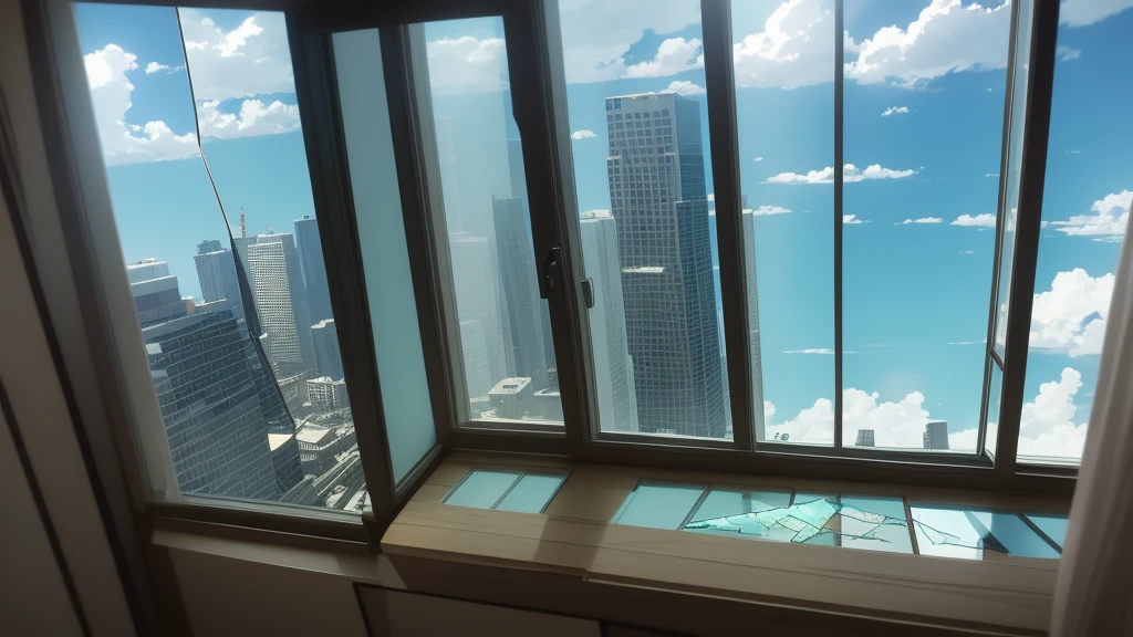 Room on the building Window with broken glass, seeing the sky, anime