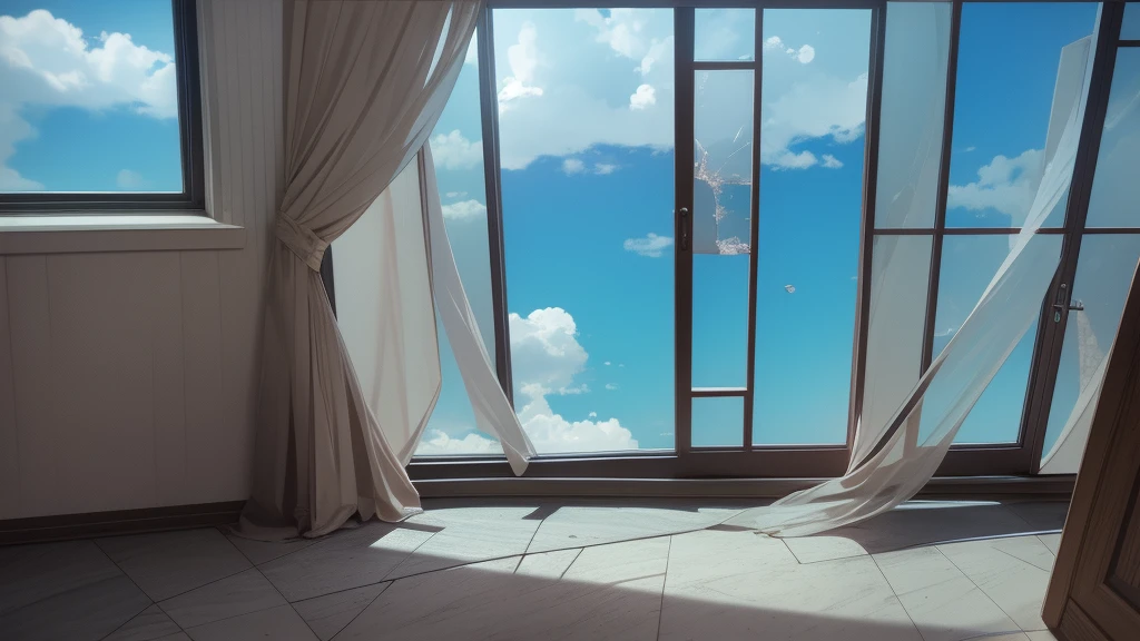 Room on the building Window with broken glass, seeing the sky, anime