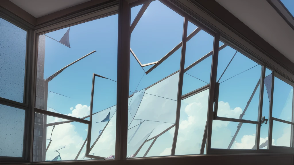 Room on the building Window with broken glass, seeing the sky, anime
