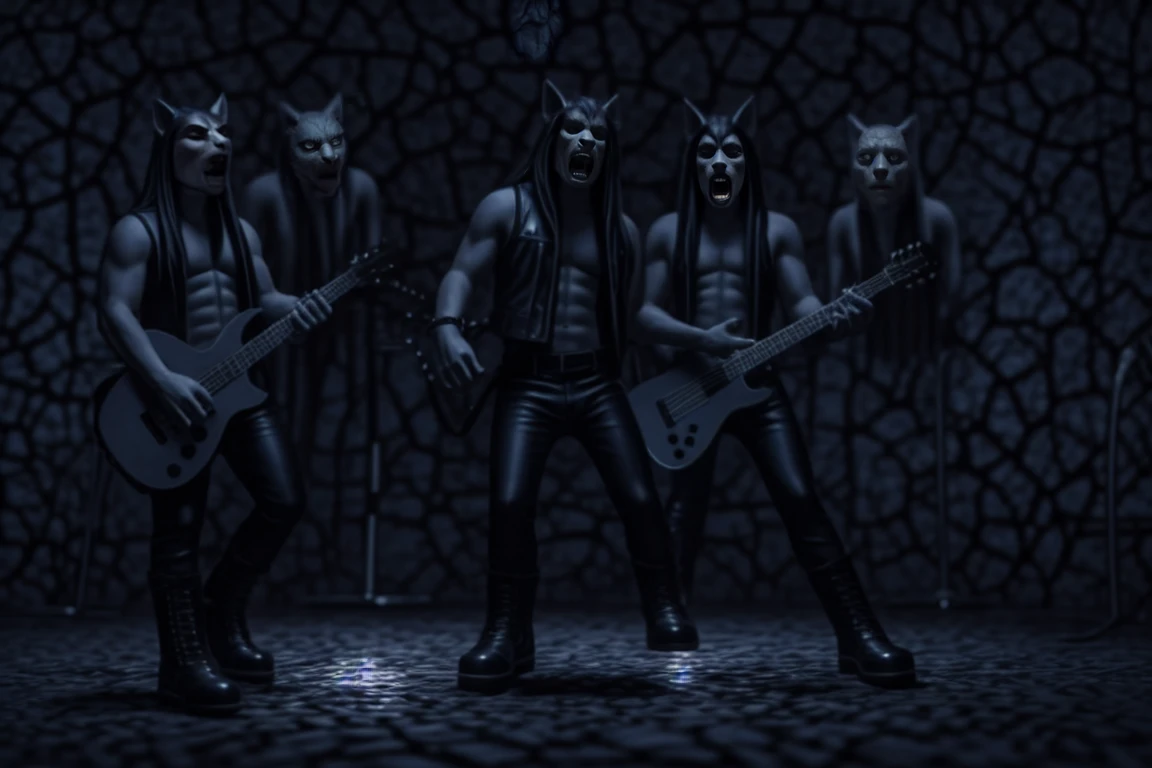 Three white male cats painted on their faces with black lines in different shapes, all with long hair. with high quality, 4k, hdr, dressed in this outfit open black leather vests without shirt tight black leather pants and black leather boots with demon faces engraved on the toe, two playing the guitar and singing, one singing and playing the bass, and one playing the drums behind everyone higher up. all singing on stage. Full body front view.
