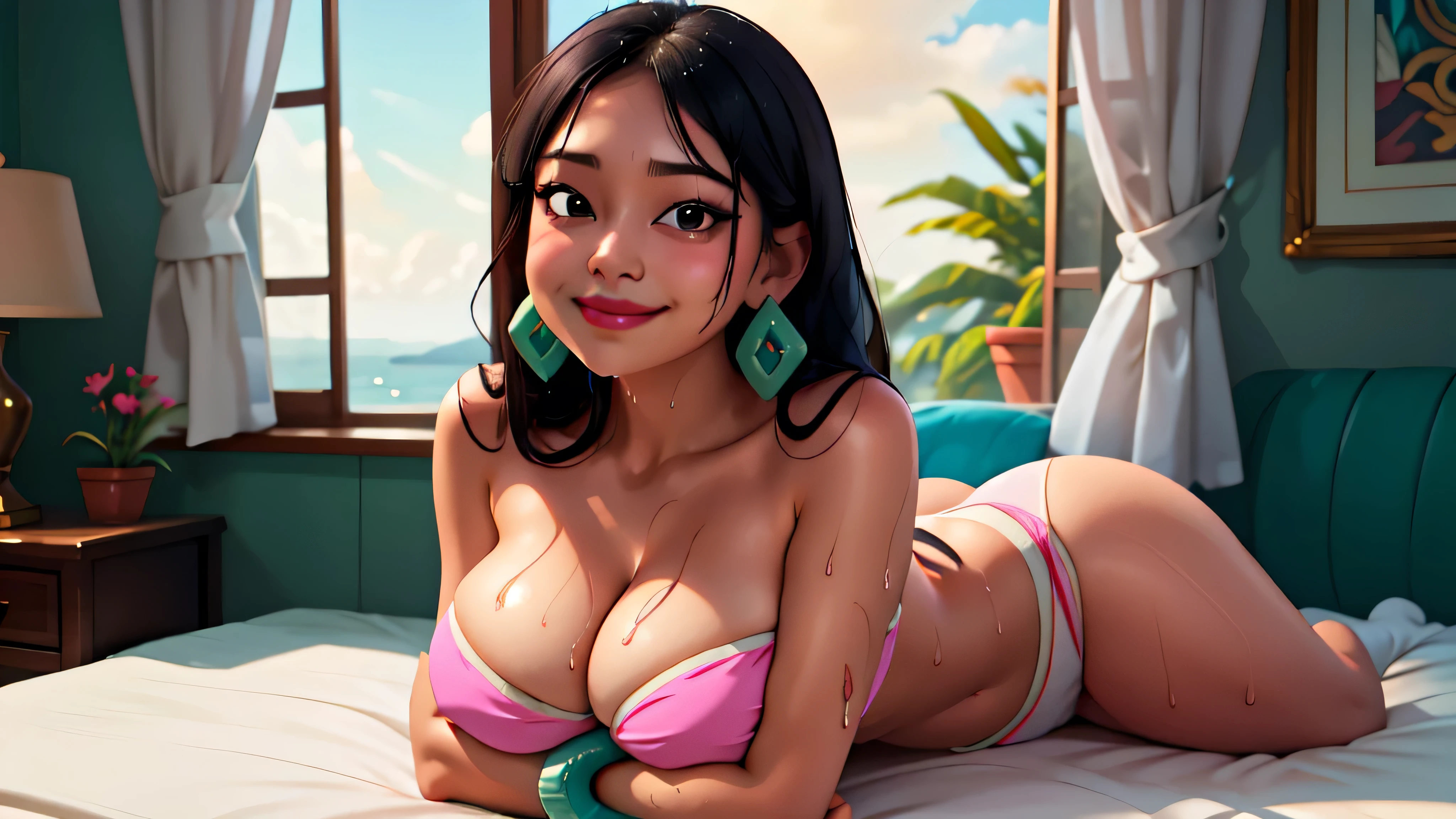 (work of art:1.2, best qualityer:1.2), soft ambient lighting, perfect lighting, 1 girl, standing alone, Chel, Bblack hair, long hair, rhombus stripe, eyes browns, darkskin, lipstick, breasts big, Broad Hips, top of the tube, neckleace, bared shoulders, emerald earrings, emerald bracelets, looking at the camera with a smug expression on his face, beach background, very large body, fat belly rolls, big breasts, sexy smile, fat arms, thunder thighs, super fat, looking at viewer, wet clothes, sweating very hard, sexy looking, blob, breathtaking, bedroom, lying in bed, home