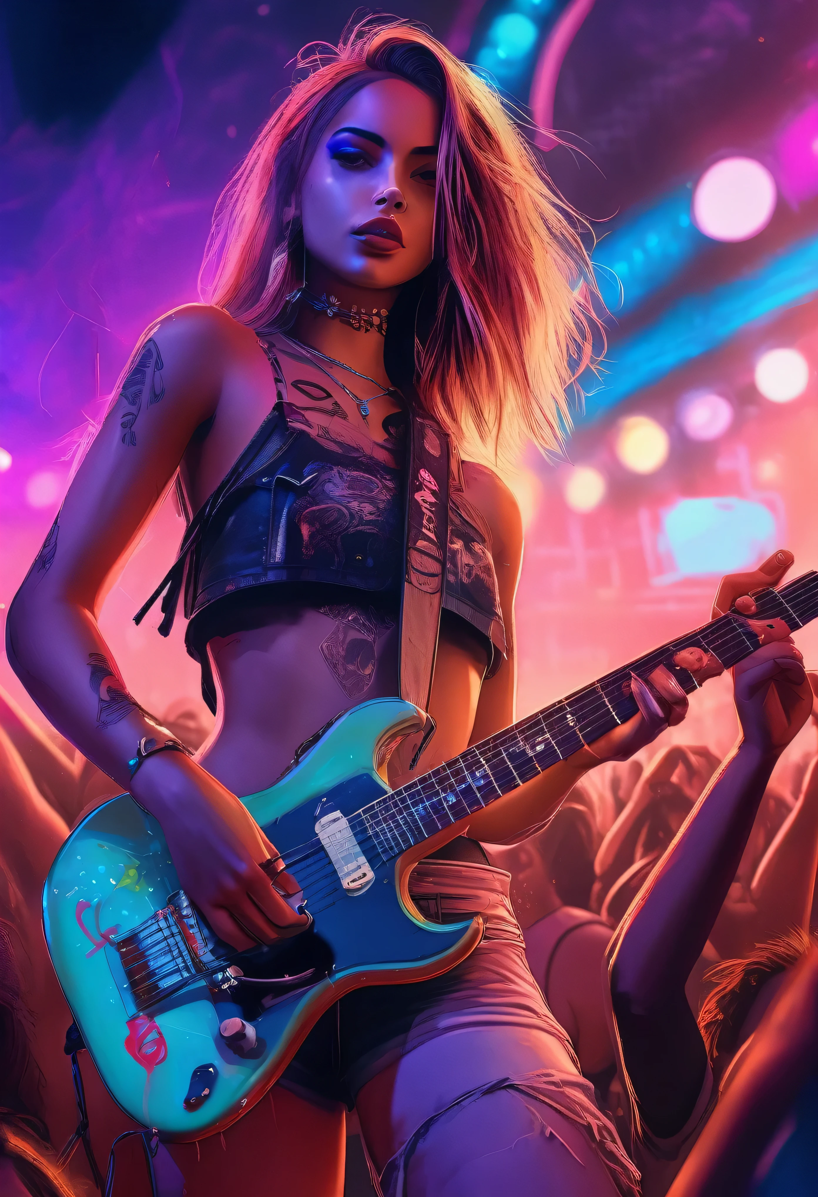 a music festival,1girl,standing on stage,playing an electric guitar,surrounded by a large crowd,colorful lights,smoke machine,rock music,high energy,vibrant atmosphere,detailed facial features,beautiful detailed eyes,beautiful detailed lips,extremely detailed skin,dynamic pose,dramatic lighting,neon colors,edgy urban style,photorealistic,8k,high resolution,hyper detailed,masterpiece

