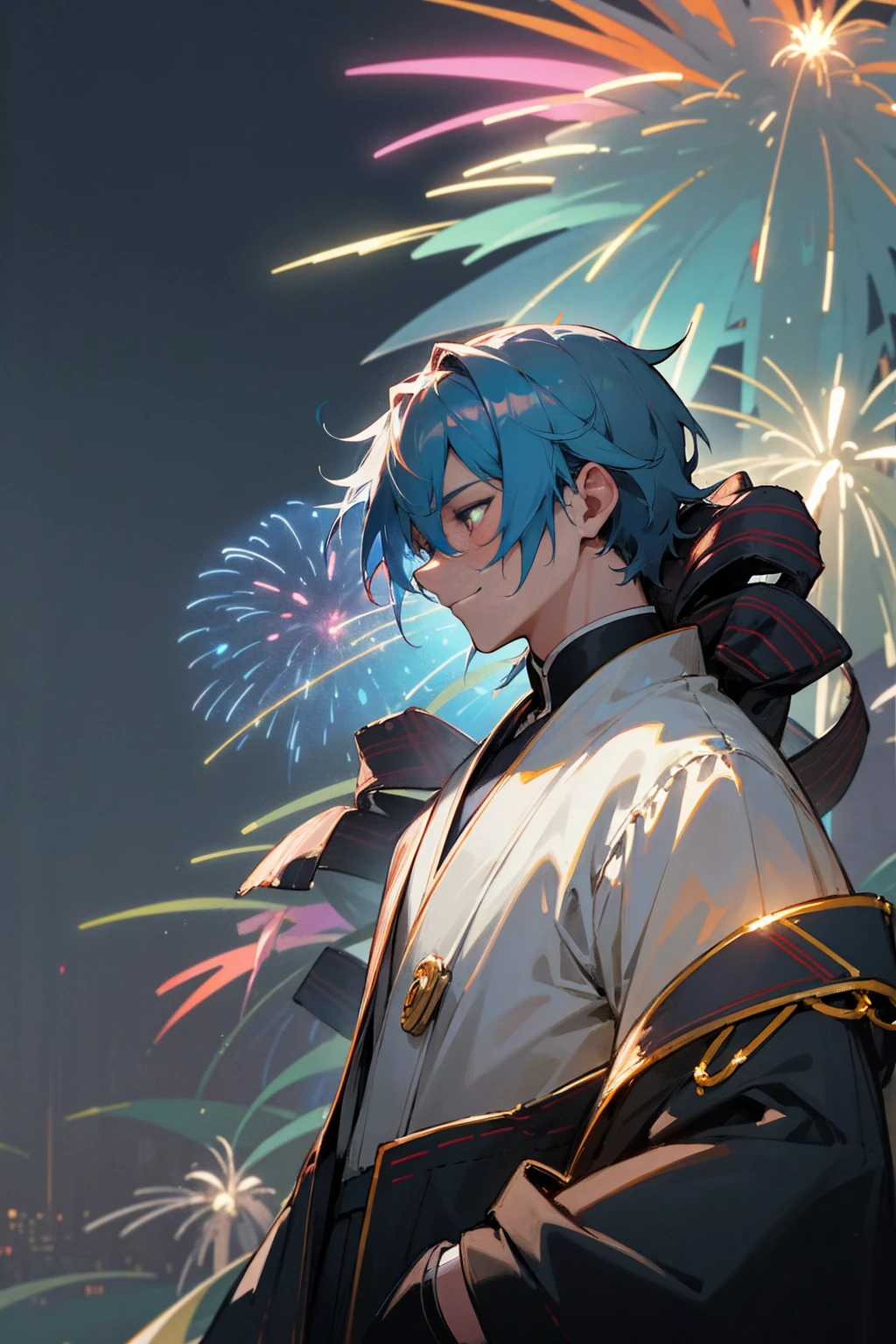 Masterpiece, best quality, super detailed, illustration In the rainy night sky、Colorful large fireworks bloom magnificently、Fireworks blast blows away the surrounding rain clouds、Clear the sky。Below that、A person who have a blue hair, his profile was illuminated by the light of fireworks.、In the background, Cityscape changing from rain to sun.。The spectacle is nostalgic and fantastic., male, arms in pockets, silver eyes, white hero outfit, mature male, upper body, smirk, wearing mask that covers eyes