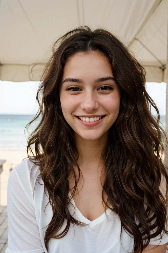 1 woman,22 years old , wavy hair, dark brown eyes, big smile and happy