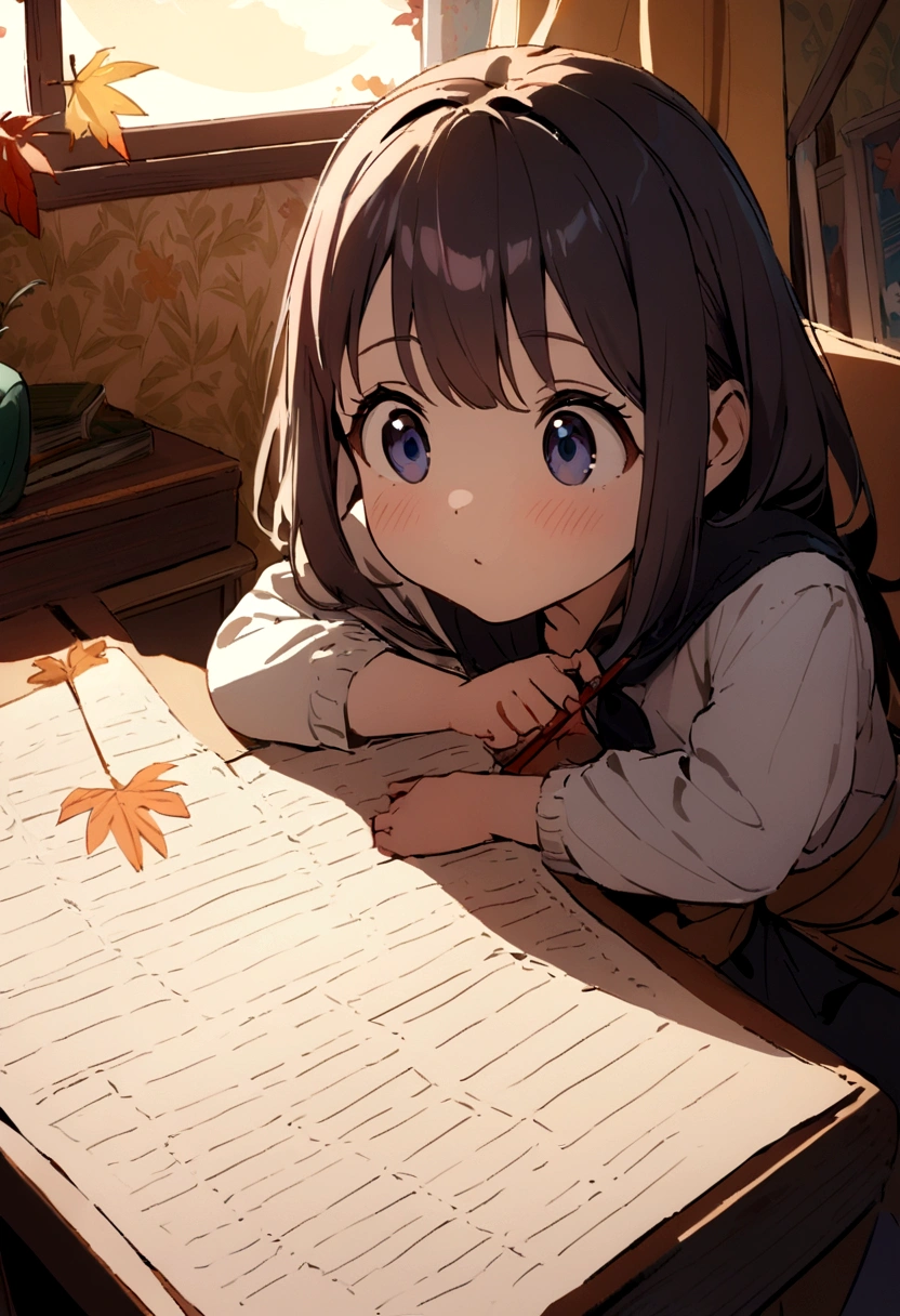 wallpaper,masterpiece,Highest quality,Movie stills,A girl doing her homework by the window,The girl looked up at the sky behind her.,full moon,autumn's,Beachside