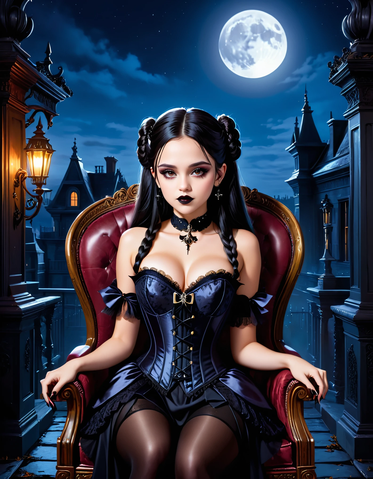 A young woman with long black hair styled in two braids and wears minimal makeup with dark eyeliner, black lipstick, sexy goth, Wednesday Addams (Jenna Ortega). Jenna Ortega as Wednesday Addams.  The setting is on the roof top of an old decaying mansion at midnight with a big bright full moon in the background. Wednesday is sitting in an old luxury ornate high back chair playing a large cello. She is wearing black ornate fabric choker, black corset, black short feathered dress with black stockings. A peculiar, lifelike severed hand is on her shoulder, adding an element of mystery. The lighting is eerie, coming from an unseen source, creating a since of mystery and intriguing atmosphere. Hyper realistic photo, vibrant colors, 16k.